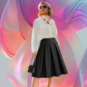 KATHY COLE Classic Pleated A-Line Black Jacquard Midi Skirt Size 8